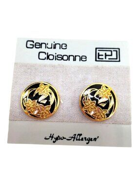 Vtg EPJ Cloisonne Earrings NOS Pierced Stud Black Enamel Gold Tone 1/2"